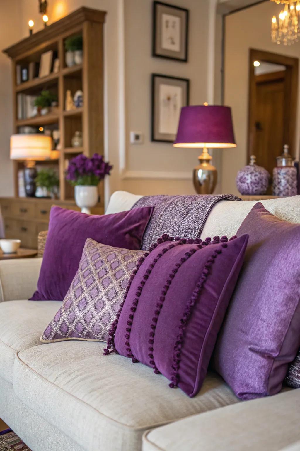 A collection of purple throw pillows adding charm to a living room.