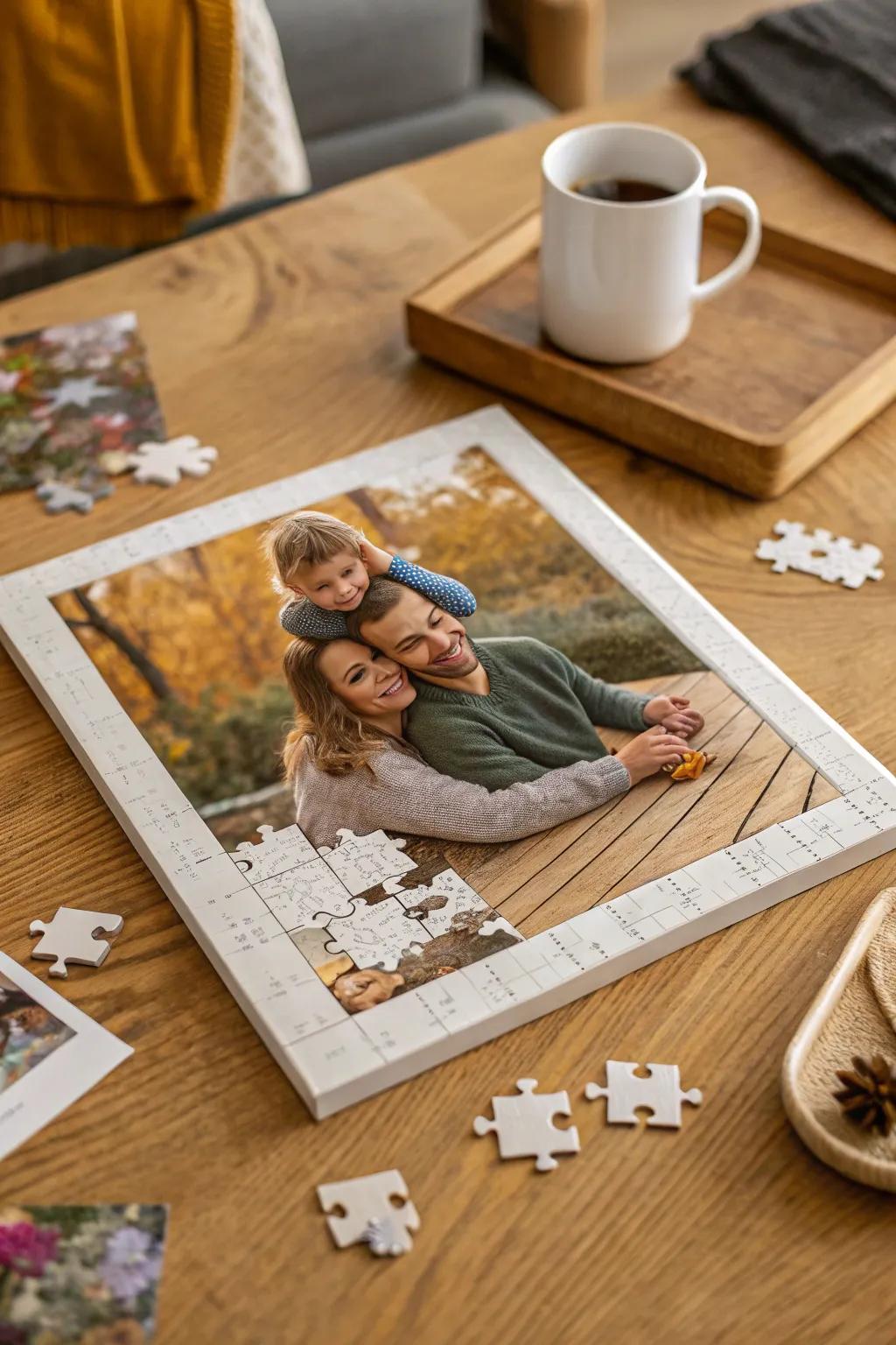 A custom puzzle set featuring a cherished family photo, perfect for quality time.