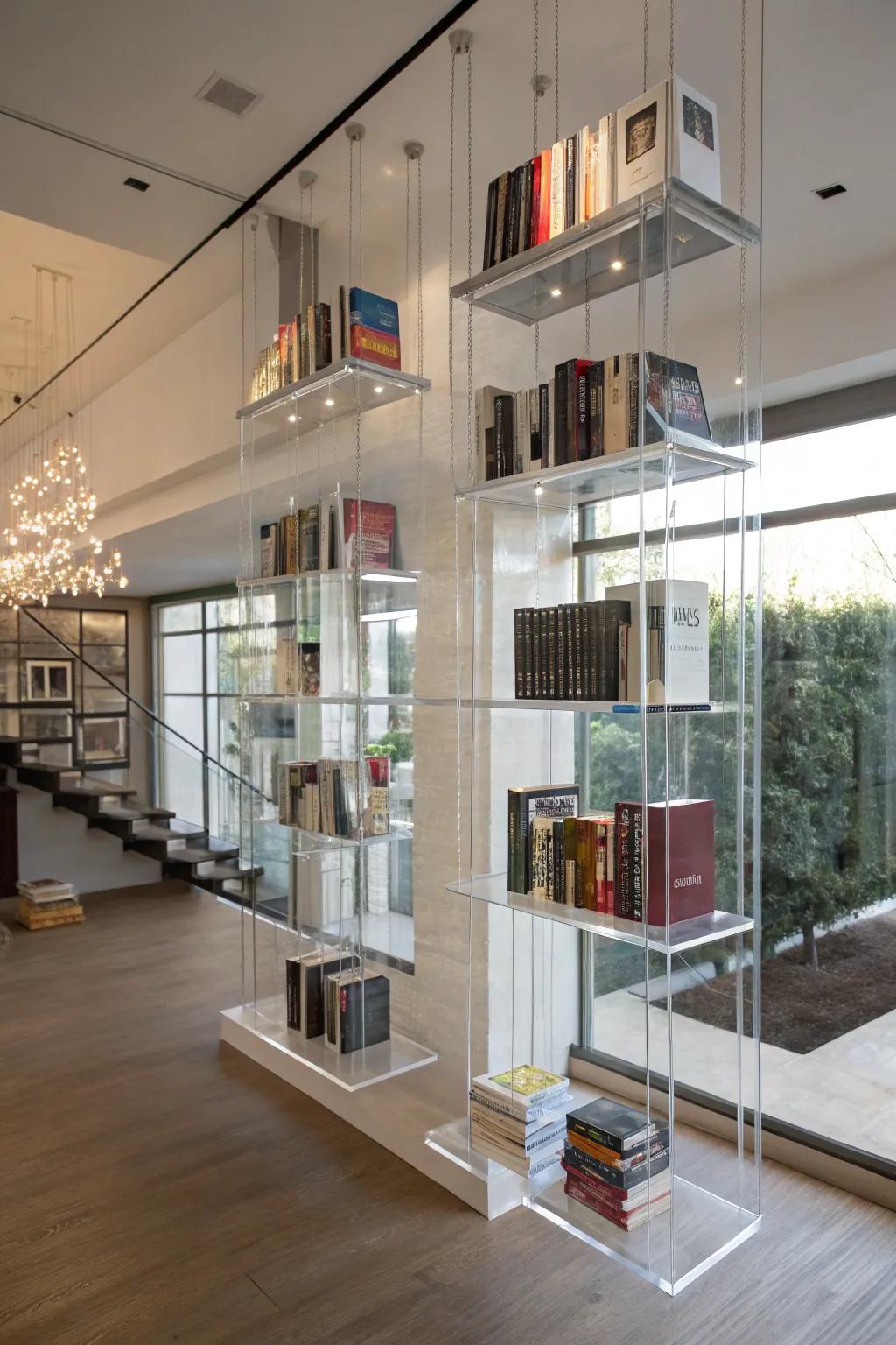Maximize space with floating plexiglass bookcases.