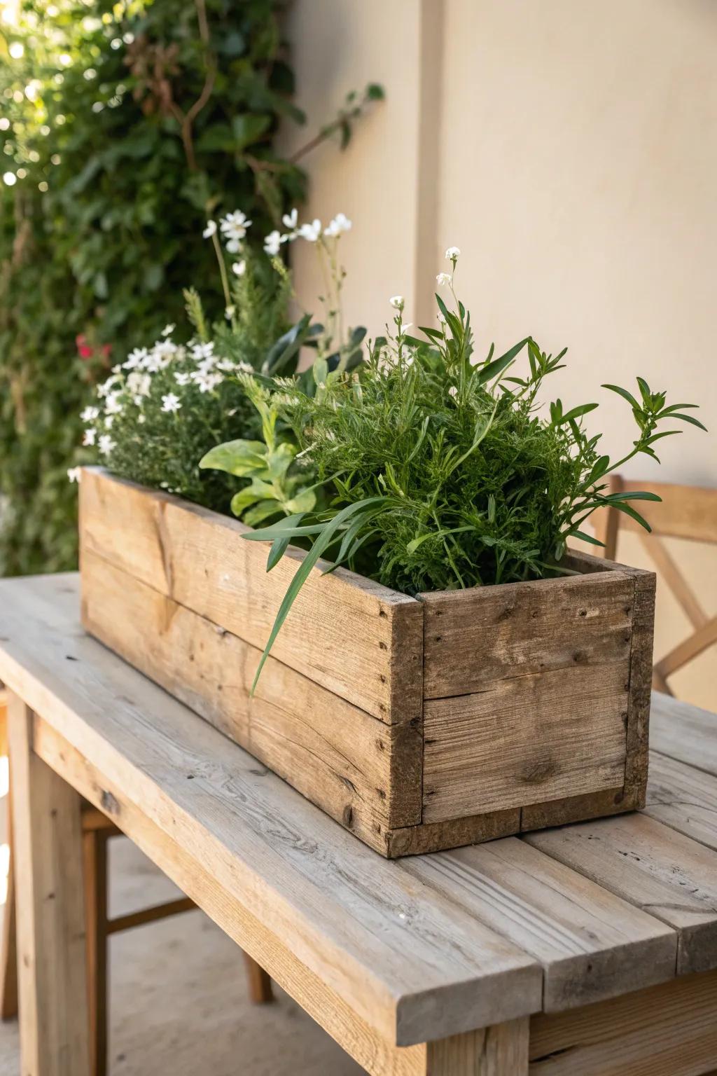 Embrace rustic elegance with a reclaimed wooden planter box, where nature meets simplicity.