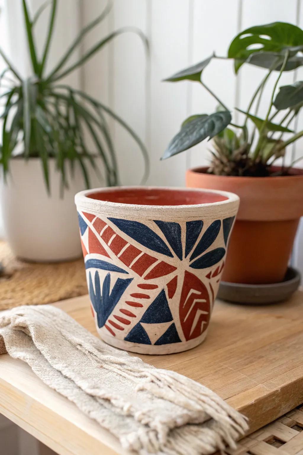 Elevate your space with artistic flair - handmade clay planter with bold abstract designs.