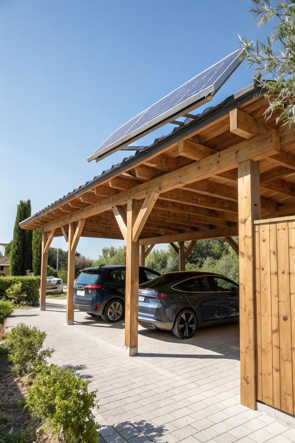 Sustainability meets style with a solar-powered wood carport.