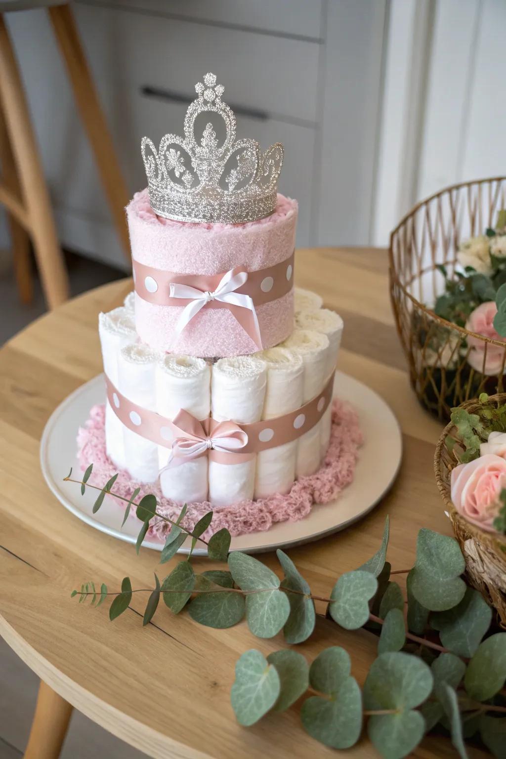 A royal touch for the littlest princess: a diaper cake crowned with elegance.