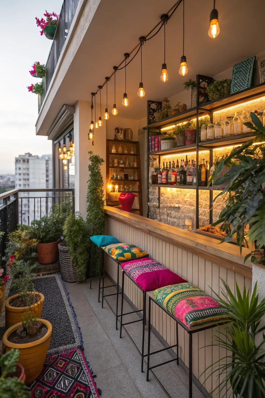 Make the most of your balcony corner with a stylish bar setup.