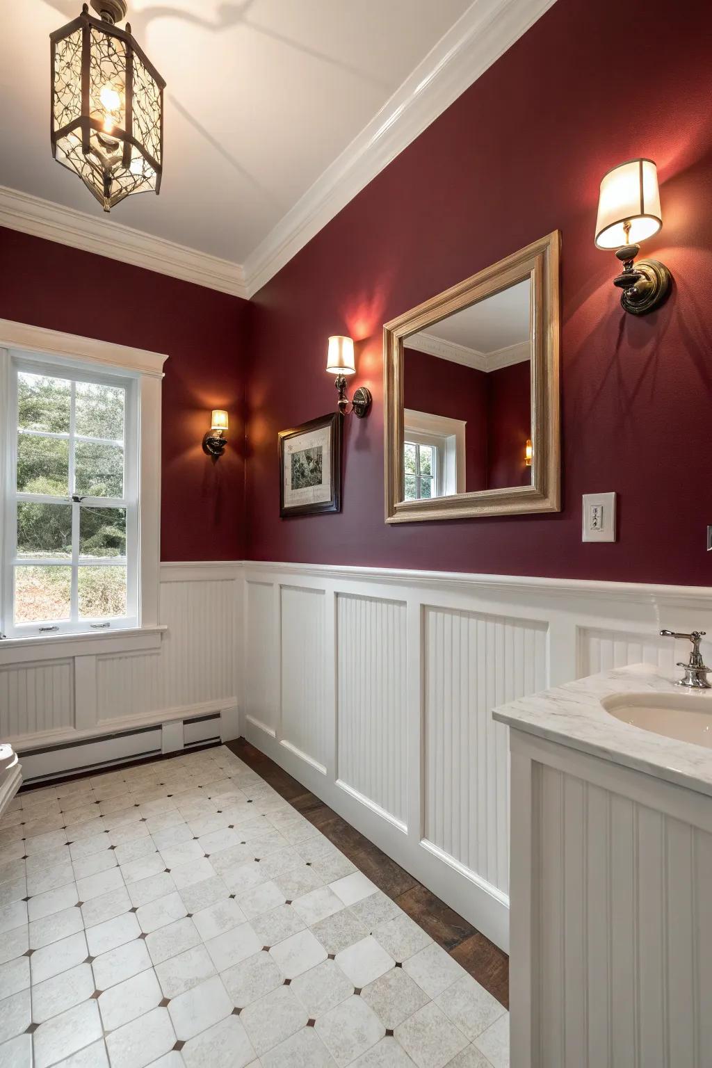 Bold maroon walls bring drama and sophistication to your bathroom.