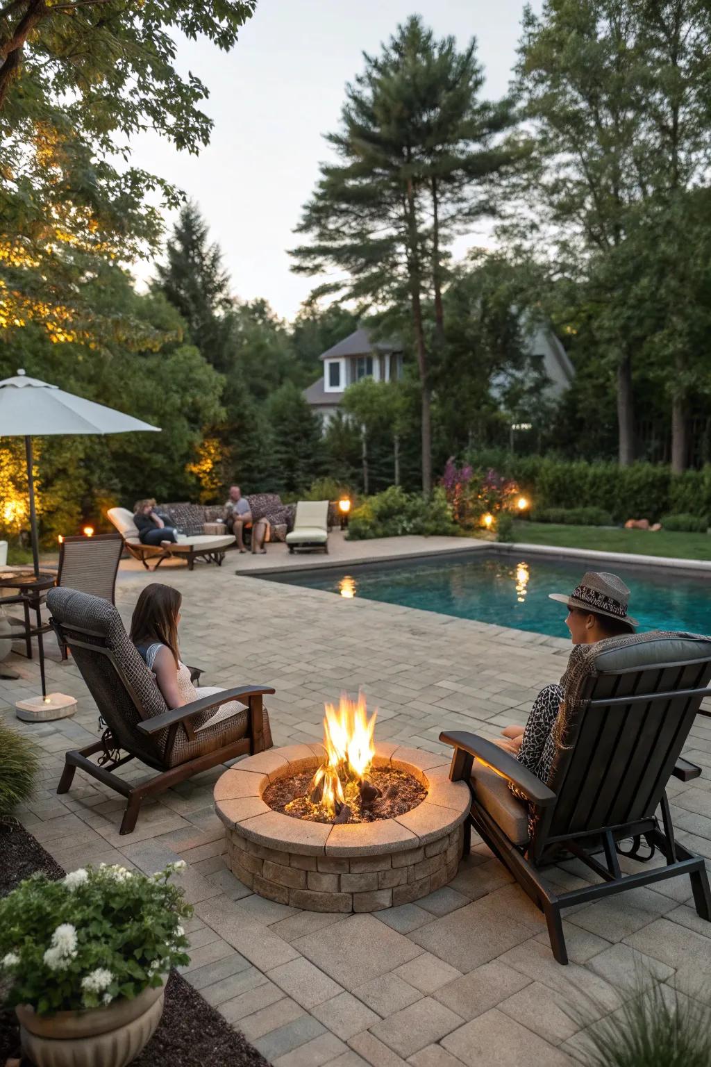A firepit adds warmth and a cozy gathering spot to this poolside.