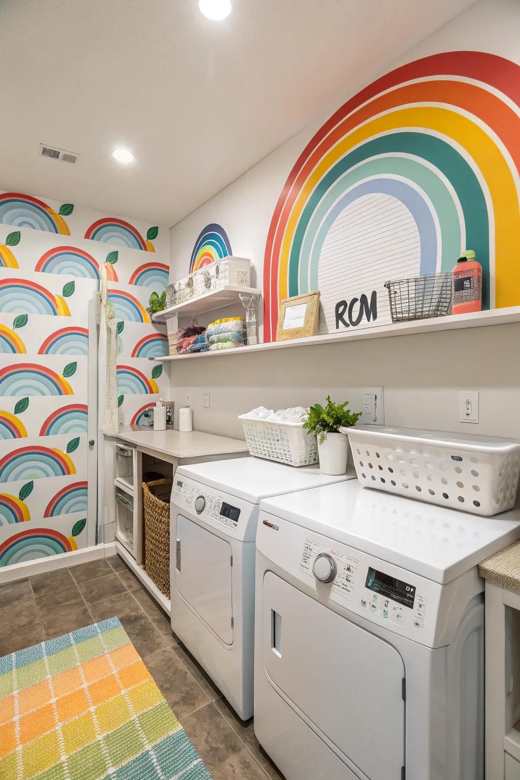 A rainbow wall brings cheer to the laundry room.
