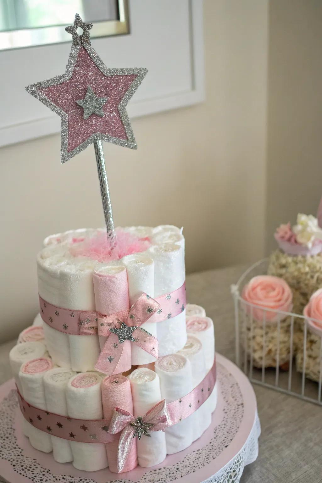 Add a touch of magic with a sparkly wand atop your princess diaper cake, perfect for a whimsical baby shower centerpiece!
