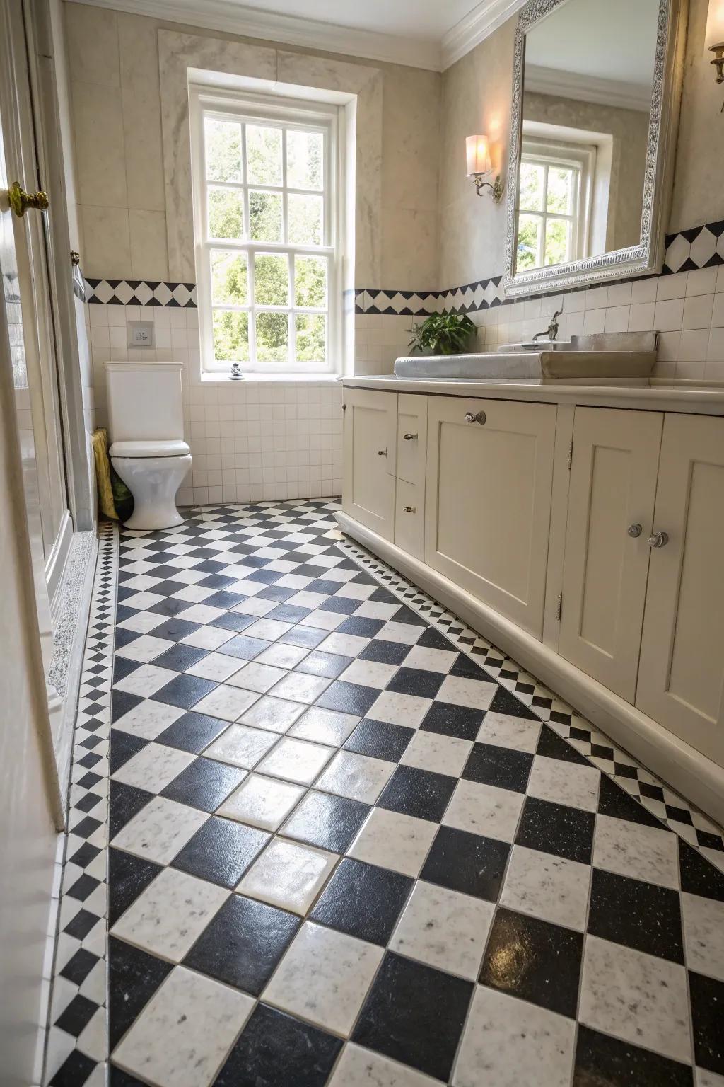 A chic bathroom featuring a black and white checkerboard tile floor.