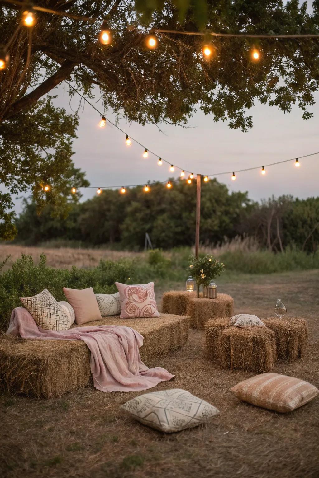 Create a charming rustic retreat with hay bales, soft throws, and a sprinkle of fairy lights for your wedding day!