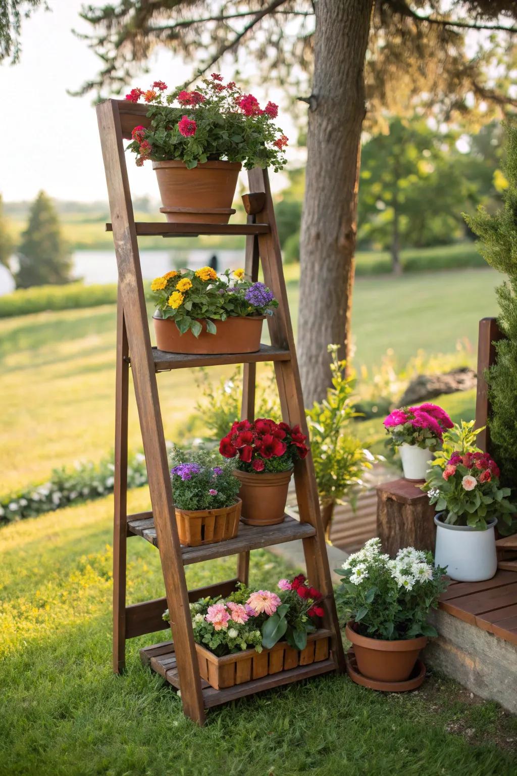 A tall wooden shelf stands in a garden, adorned with vibrant flower pots, creating a vertical display.