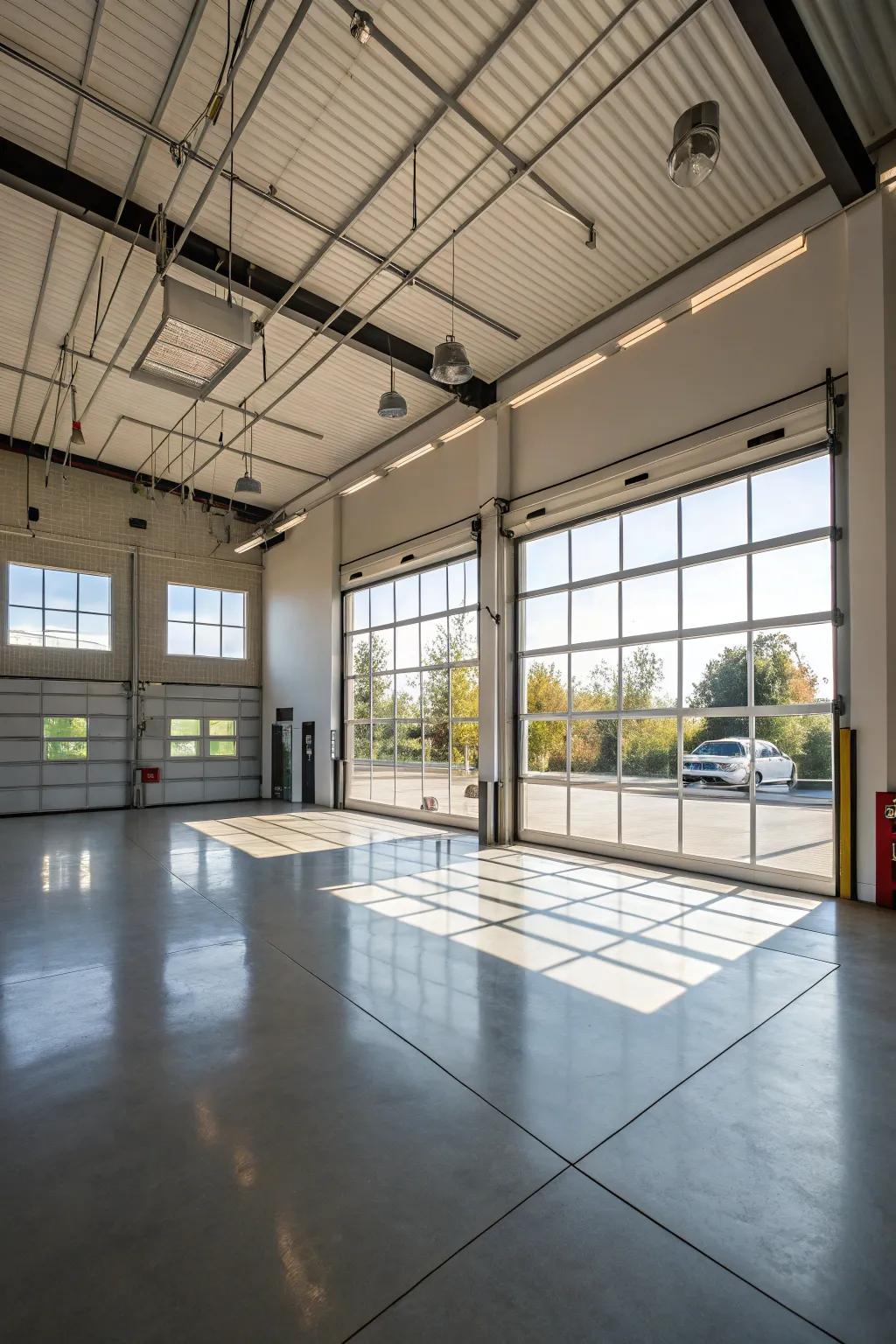 A garage with high ceilings and ample natural light creating an airy feel.