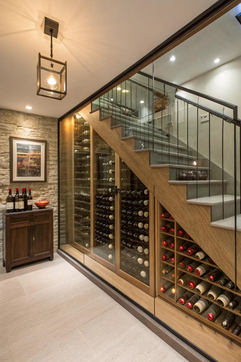 A glass-walled wine cellar that elegantly displays your collection.