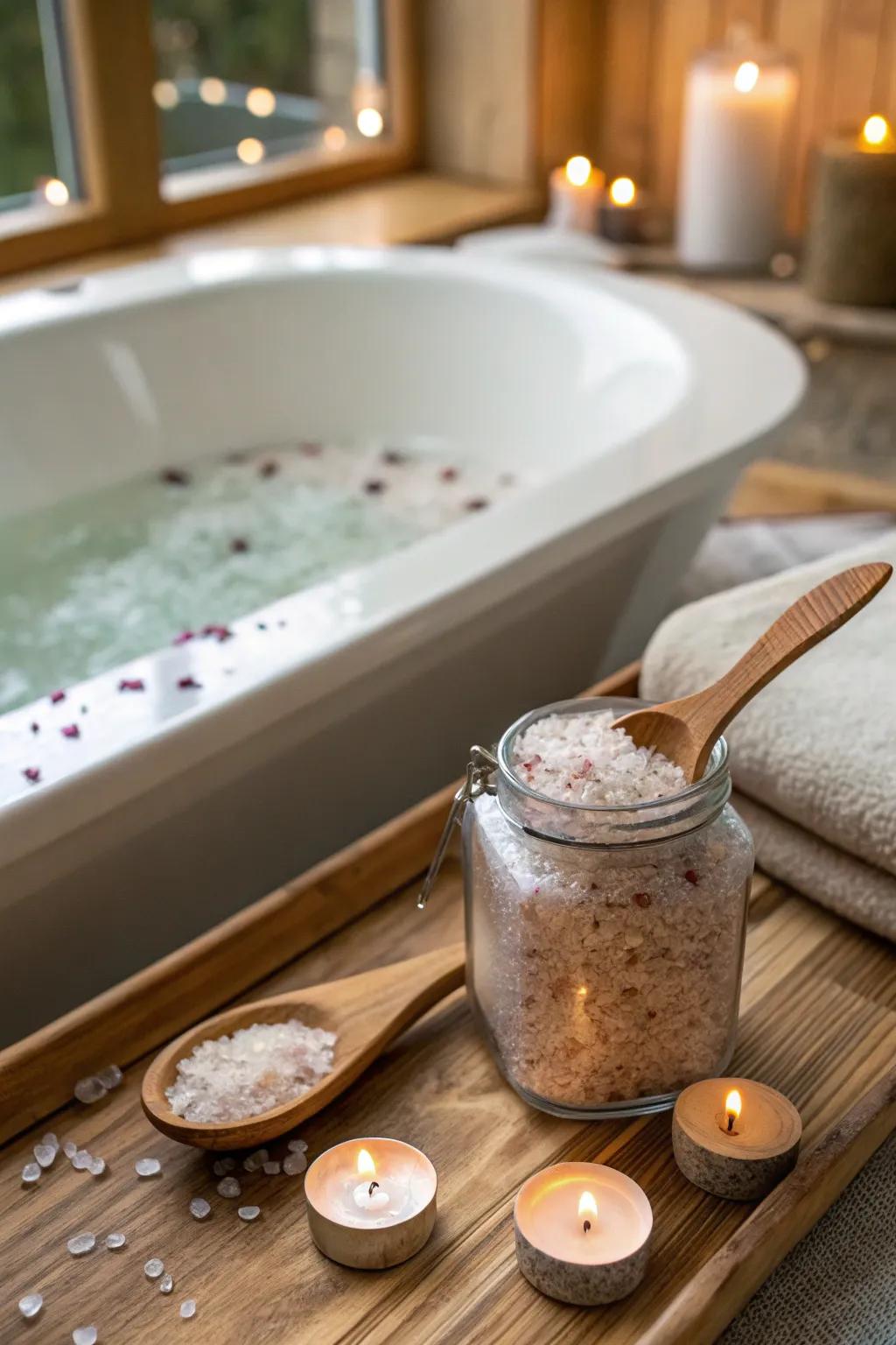 Homemade bath salts provide a touch of luxury and relaxation for a well-deserved pampering session.