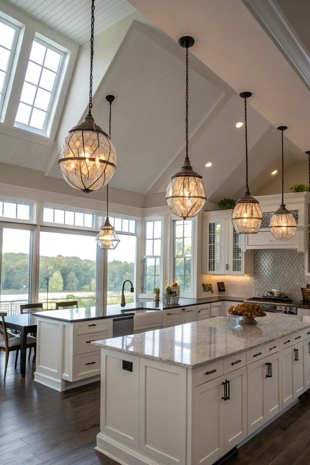 Pendant lights bring modern flair and dynamic visuals to high ceilings.