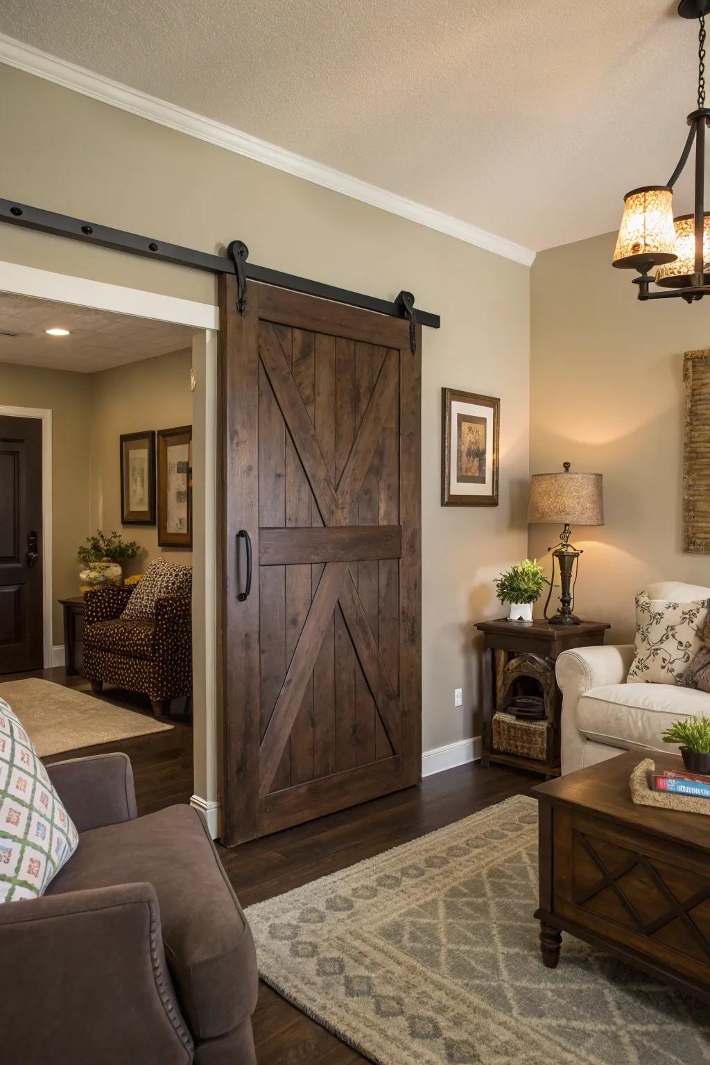 Espresso barn doors add luxury and depth.