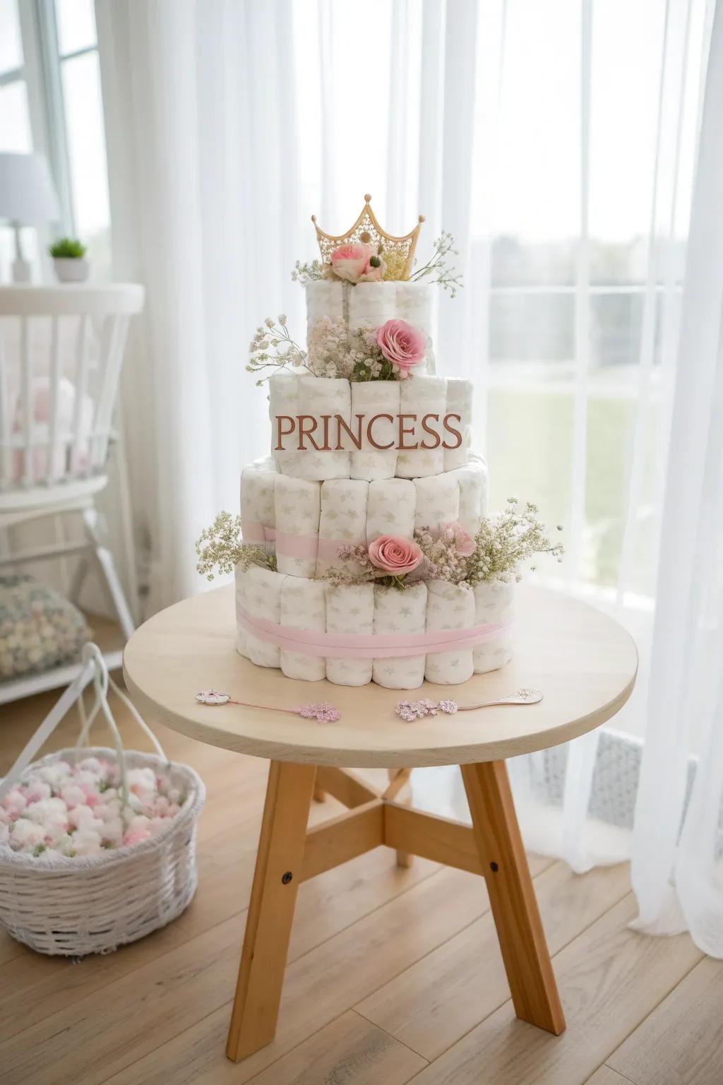 Discover the charm of hidden messages in this elegant princess diaper cakeâwhere simplicity meets heartfelt wishes.