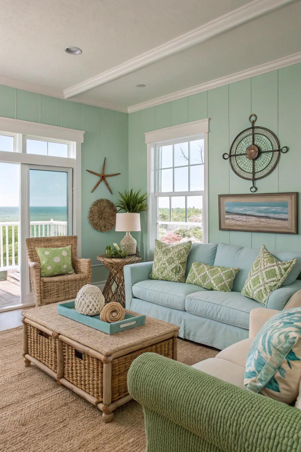 A living room featuring a coastal color palette with blues and greens.