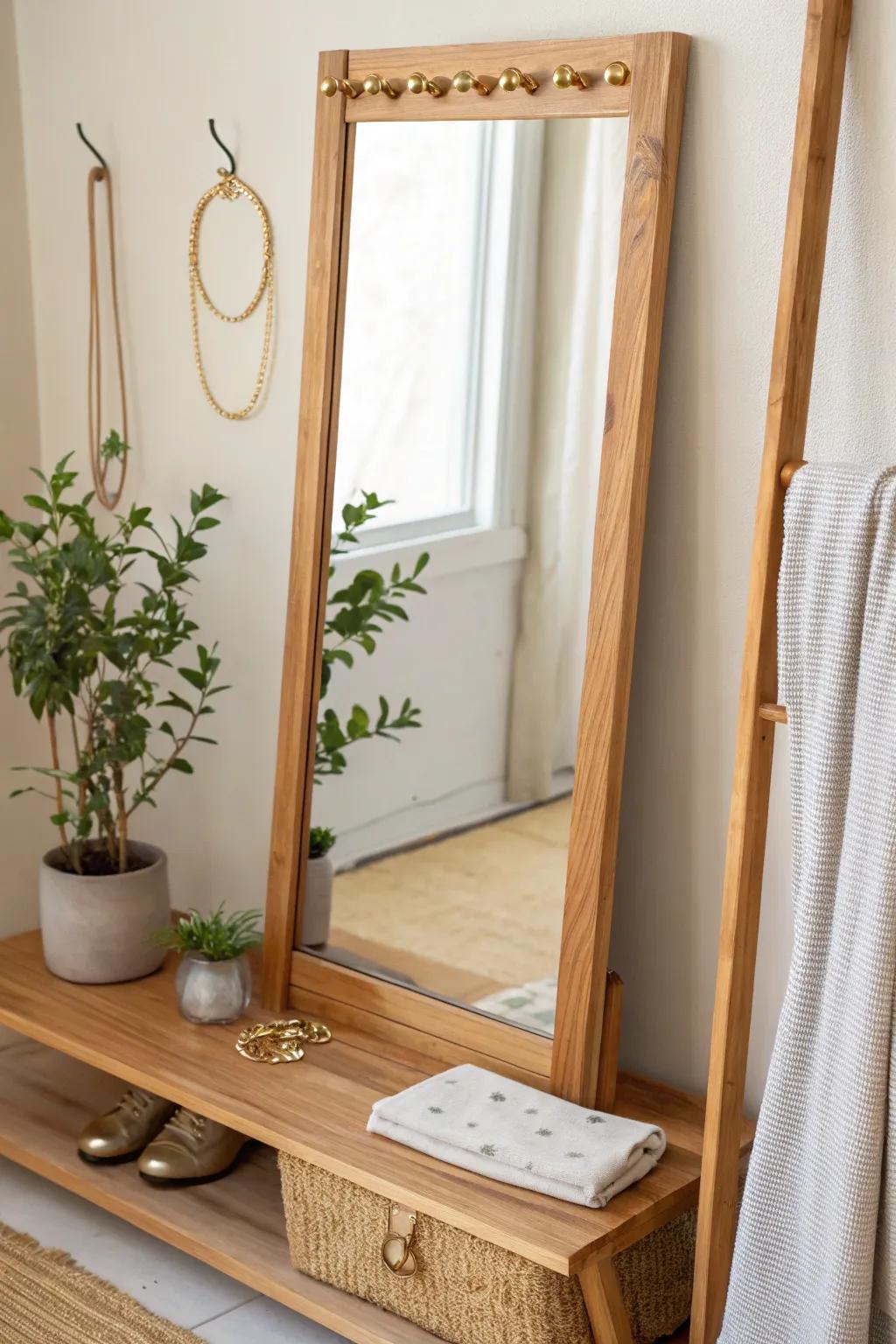 Transform your mirror into a functional masterpiece with stylish hooks and ledges. Perfect for organizing and adding a touch of elegance!