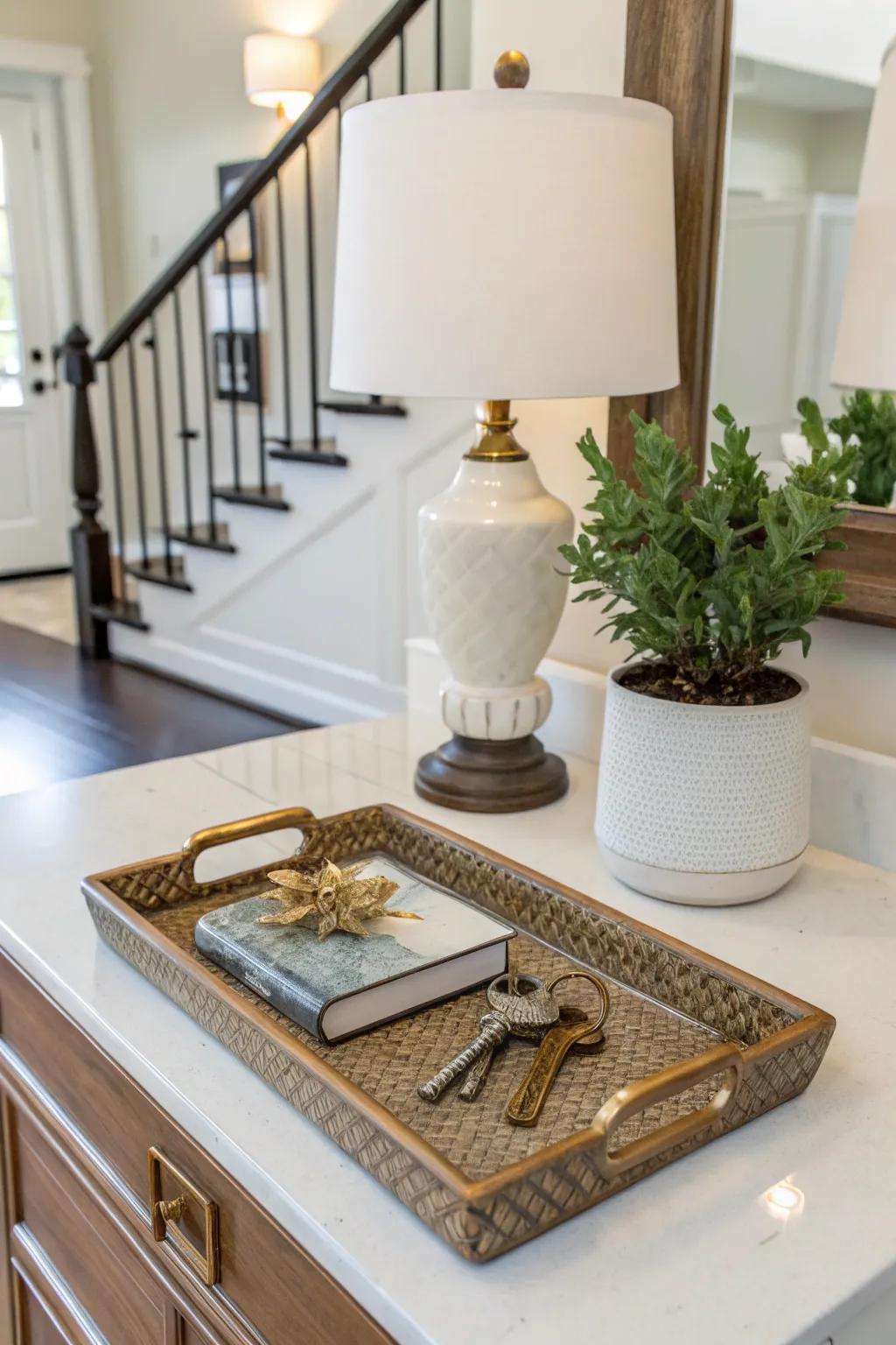 A decorative tray keeps essentials organized and stylish.