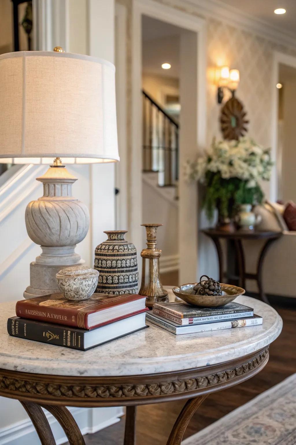 Books and decor objects add character and depth to the entryway.