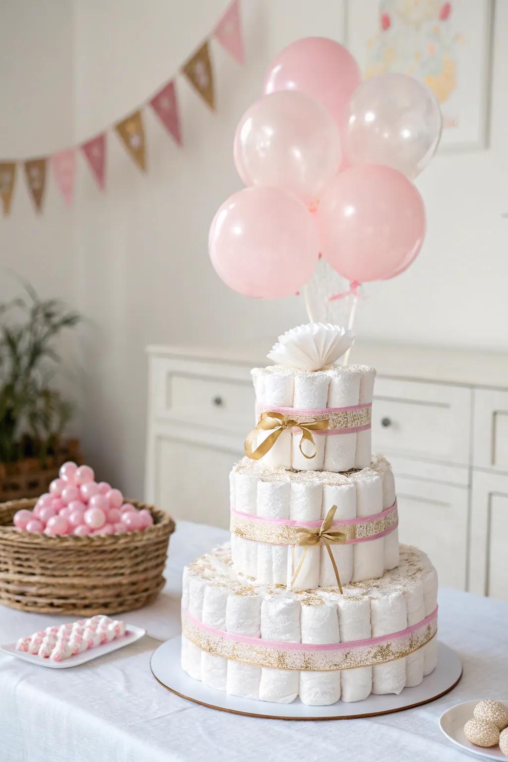 Celebrate in style with a charming princess diaper cake, complete with whimsical balloon accents!