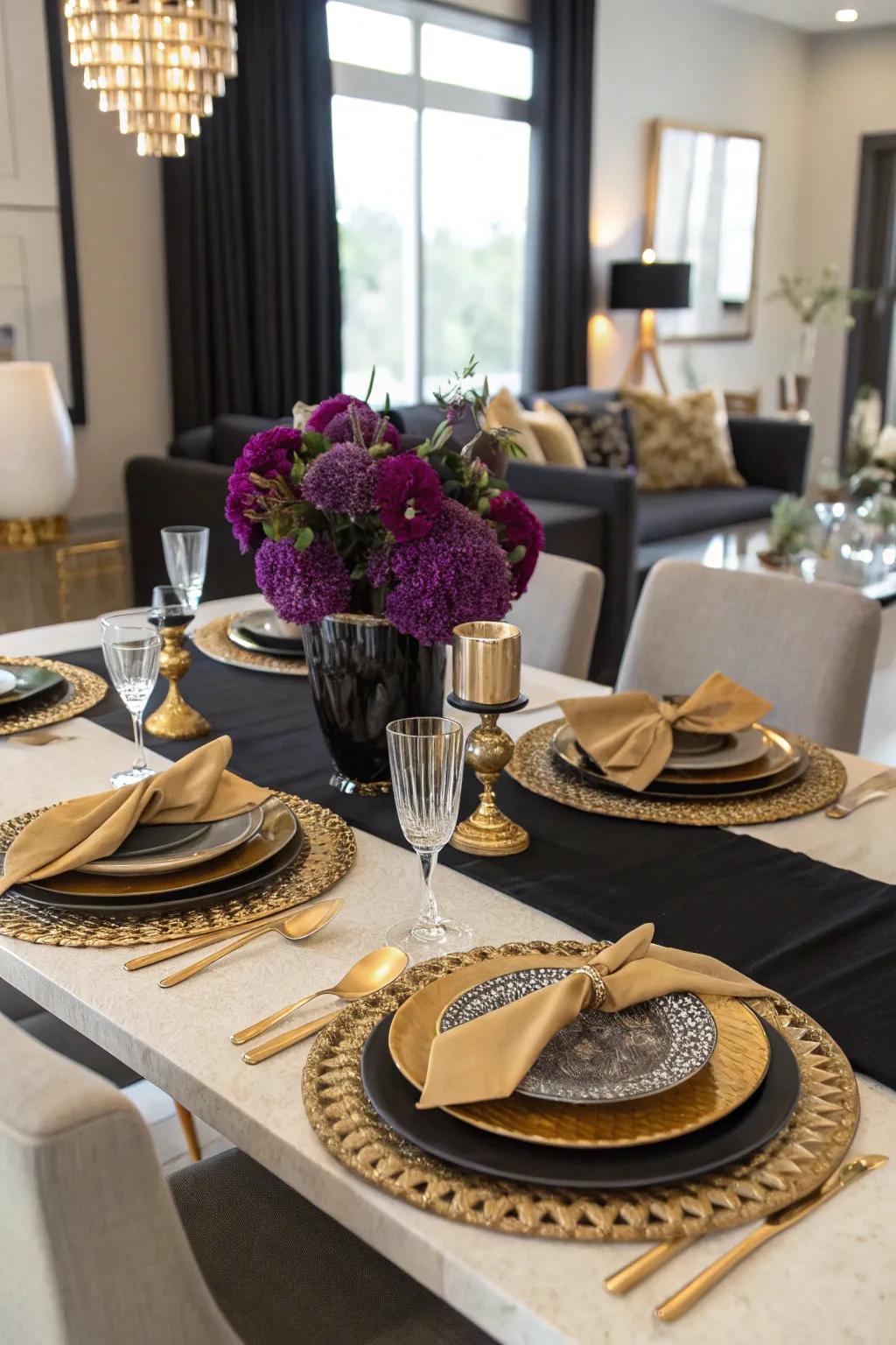 Gold and black with a hint of purple for an elegant birthday bash.