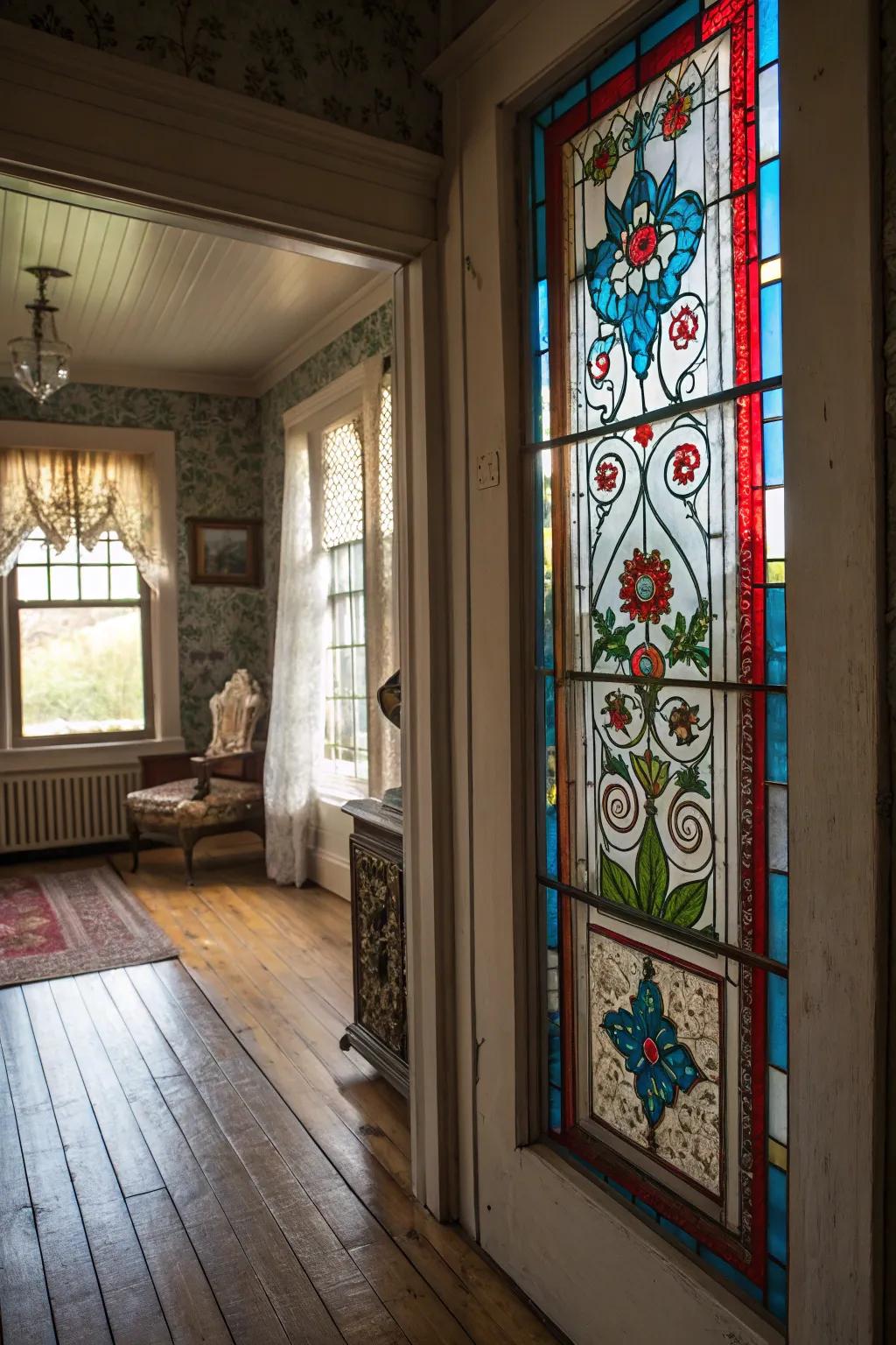Stained glass transforming light into a vibrant display.