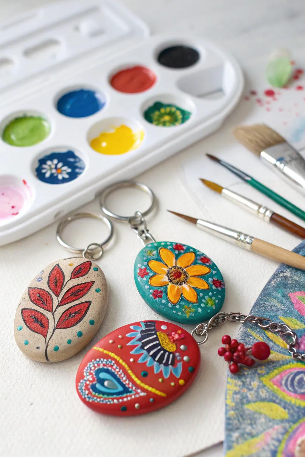 Miniature art with painted stone keychains.
