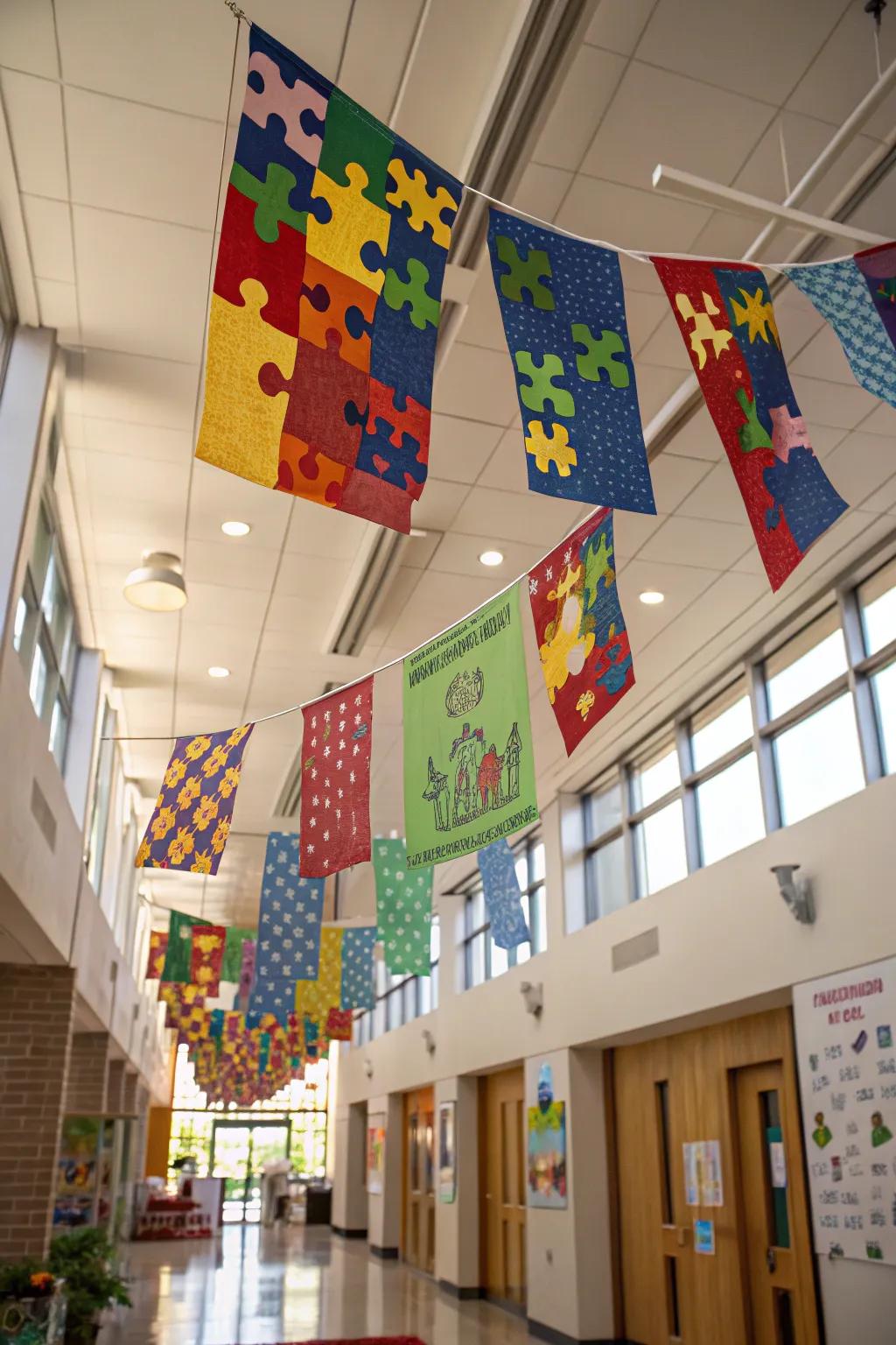 Colorful puzzle piece banners create a festive atmosphere for your party.