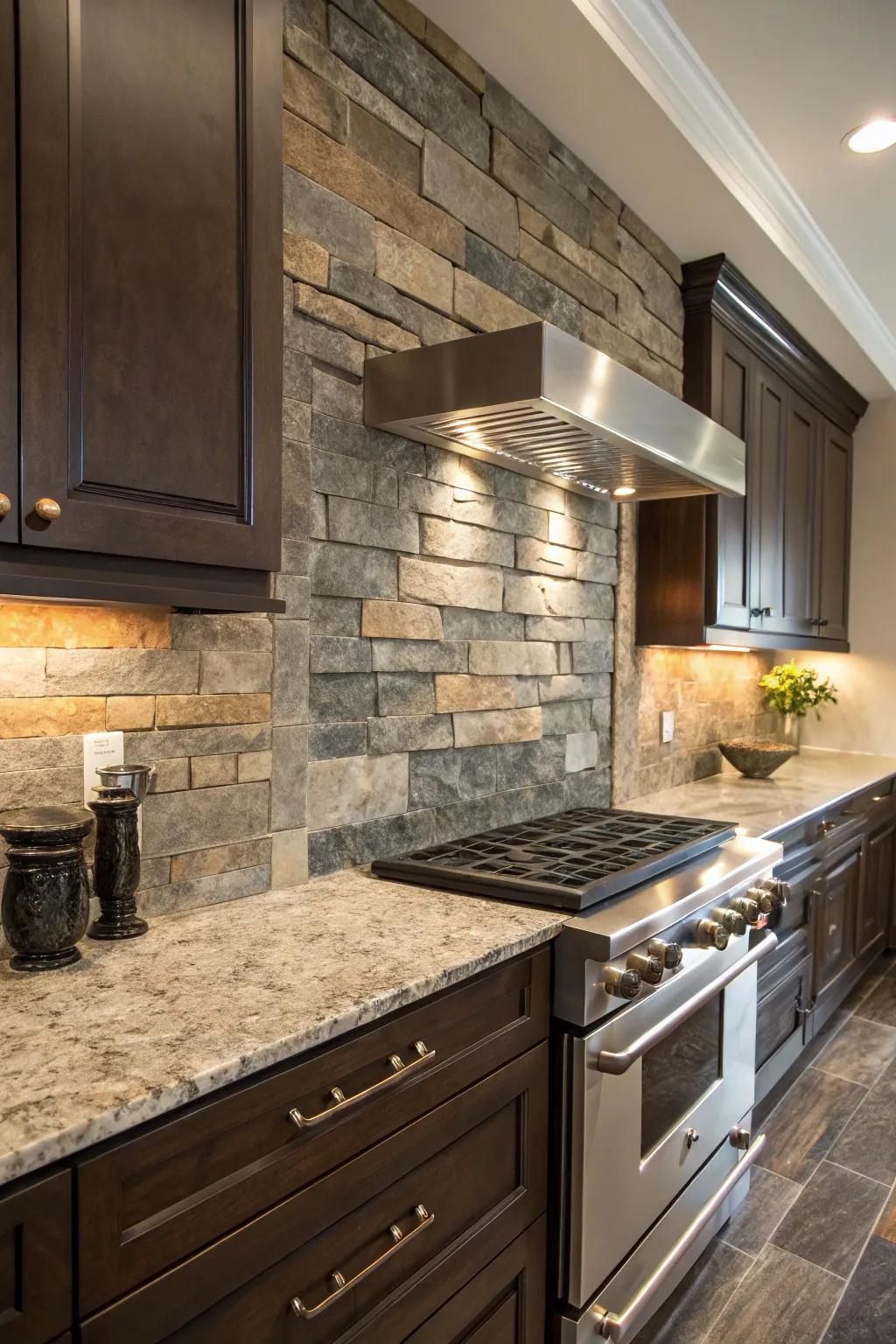 Eclectic mix of slate and travertine creates a unique tapestry in this kitchen.