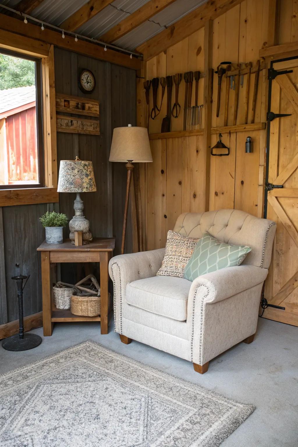 A cozy nook for relaxation within a rustic garage.