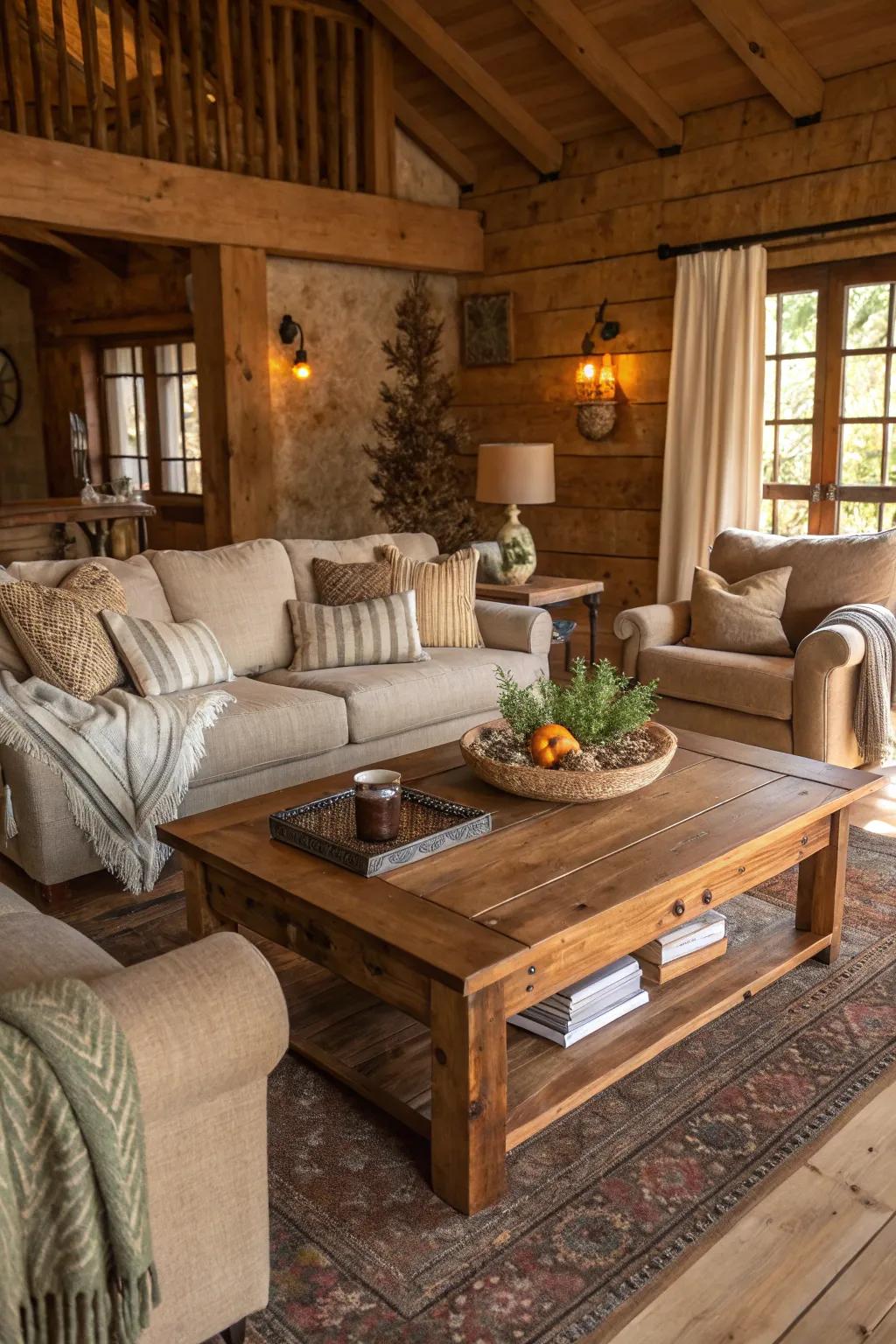 A rustic wooden coffee table brings a natural touch to any living room.