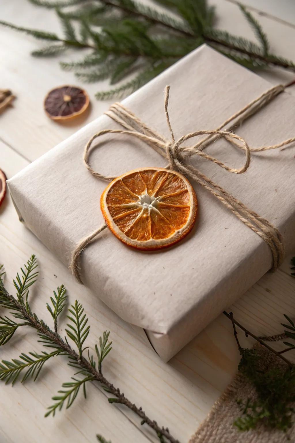 Elevate your gift wrapping with a touch of nature: Dried citrus for a festive, handcrafted charm.