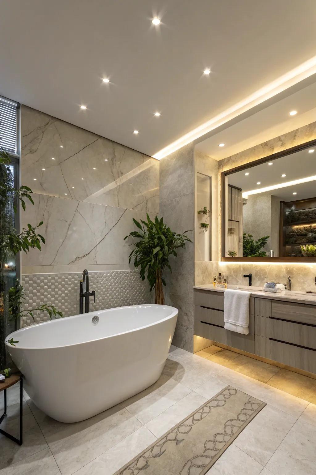 Recessed lighting enhances the tub area for a luxurious feel.