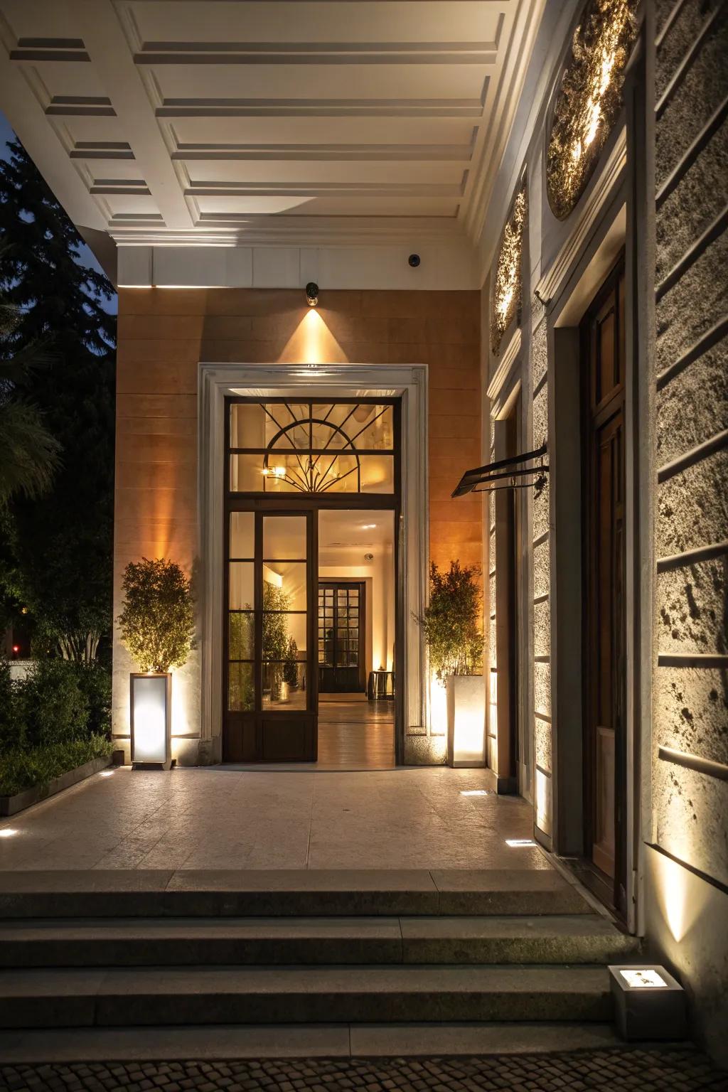 Layered lighting adding depth and intrigue to the entrance.