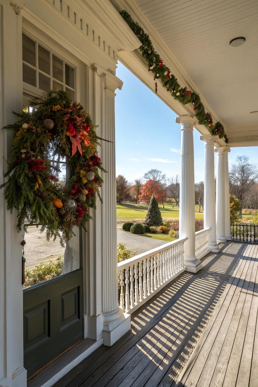Seasonal wreath brings fresh charm to the porch.