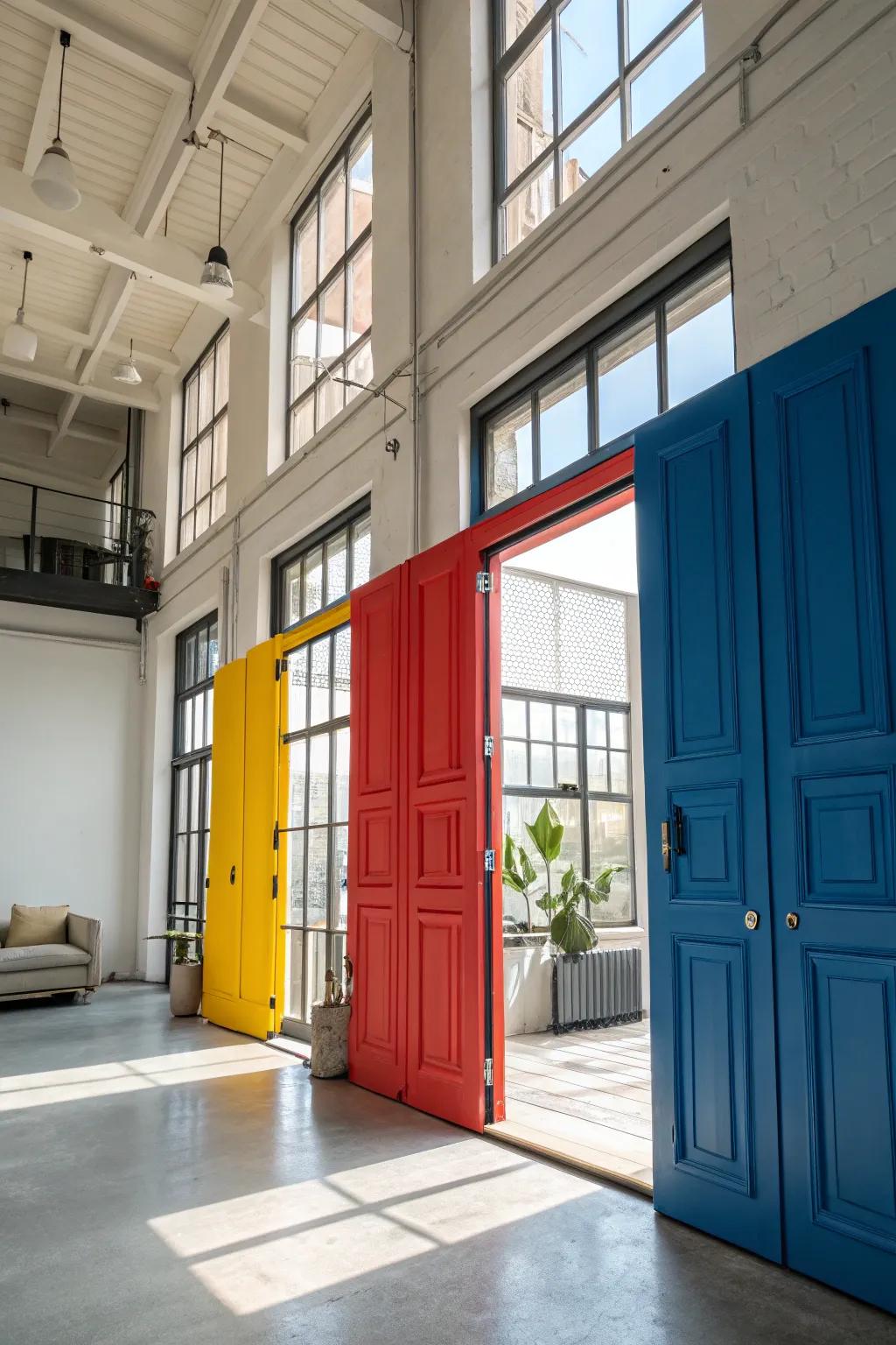 Color-blocked doors serve as striking focal points in loft interiors.
