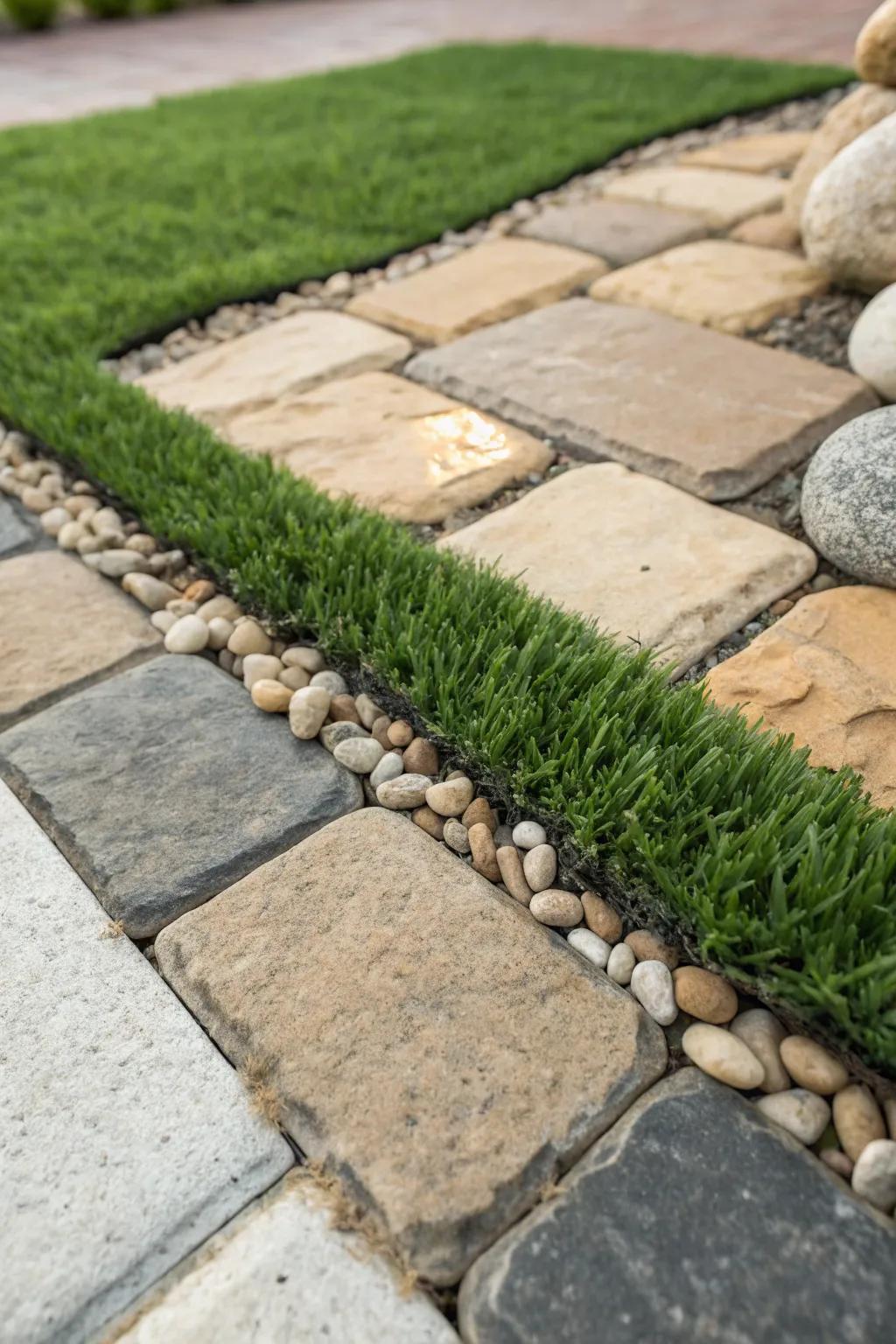 Elevate your outdoor space with the perfect blend of artificial grass and stone borders.