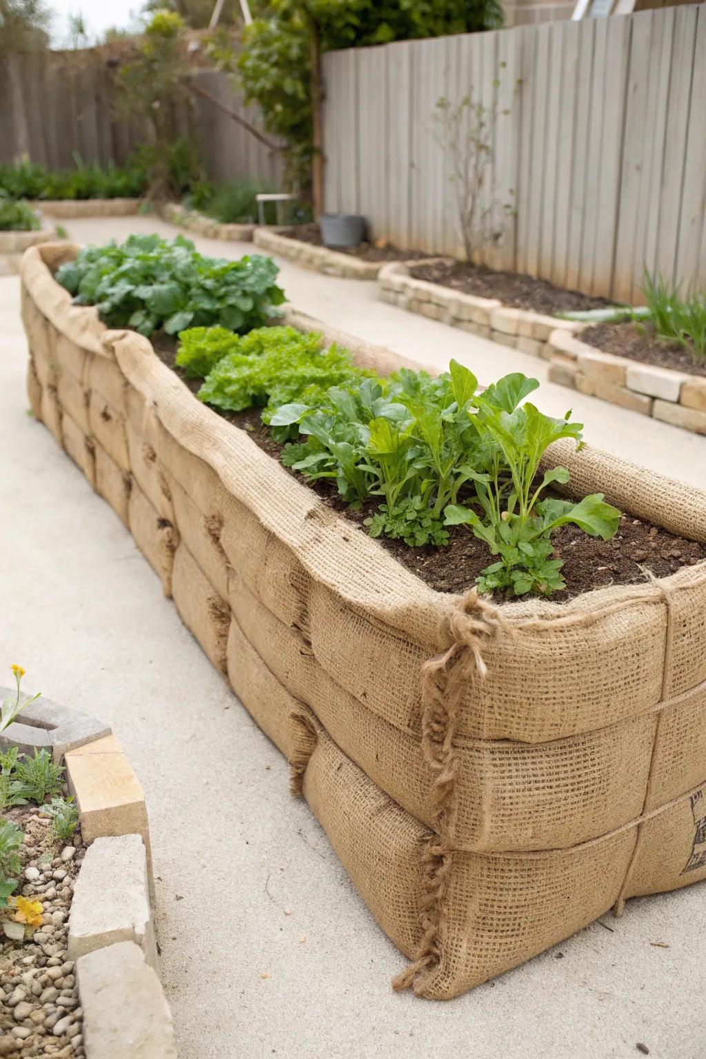 Embrace eco-friendly gardening with a touch of rustic charm using burlap raised beds.