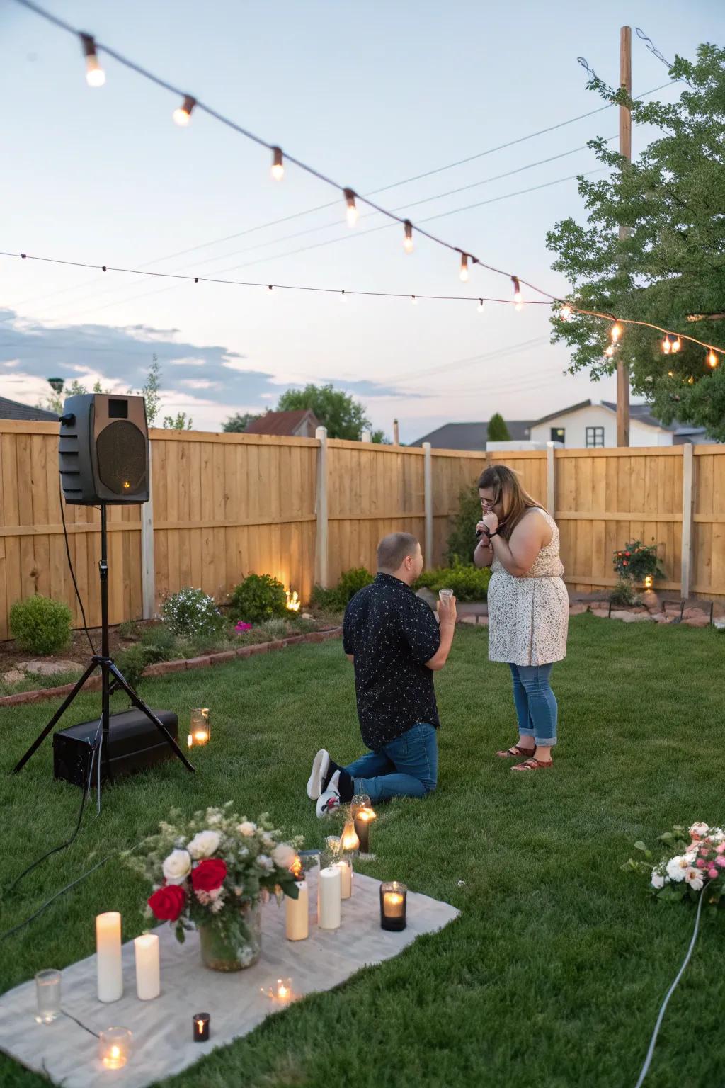 A backyard filled with music, enhancing the romantic atmosphere for a proposal.