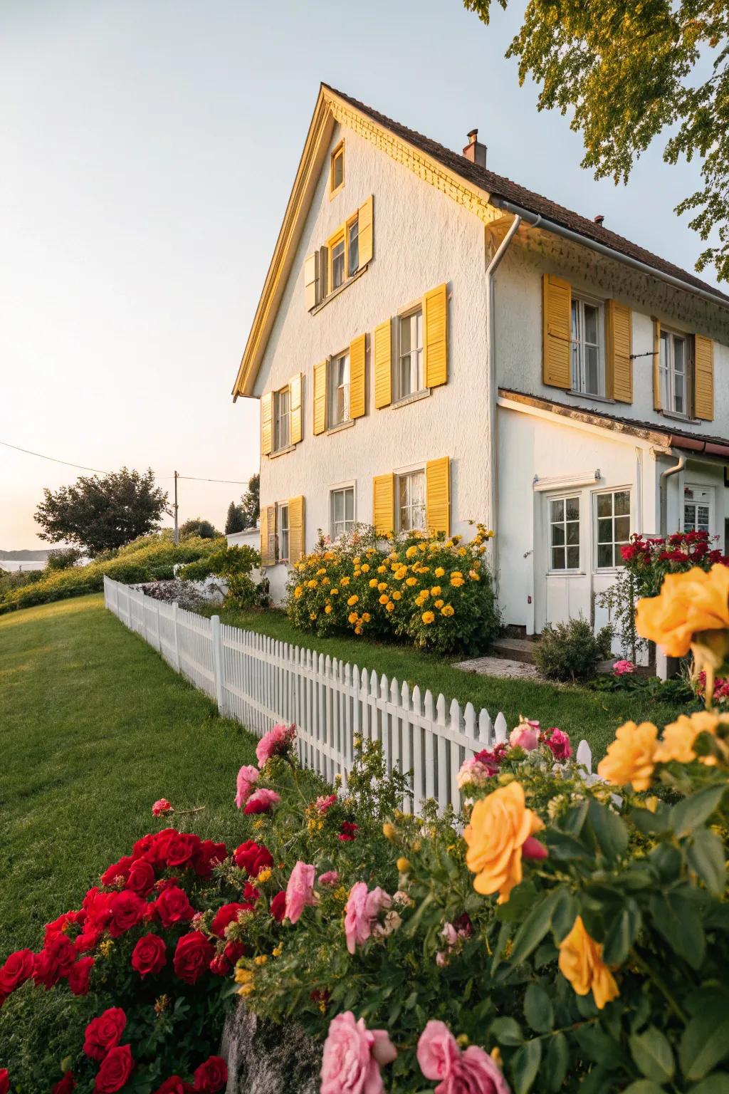 Warm yellow shutters add a cheerful and inviting atmosphere to this home.