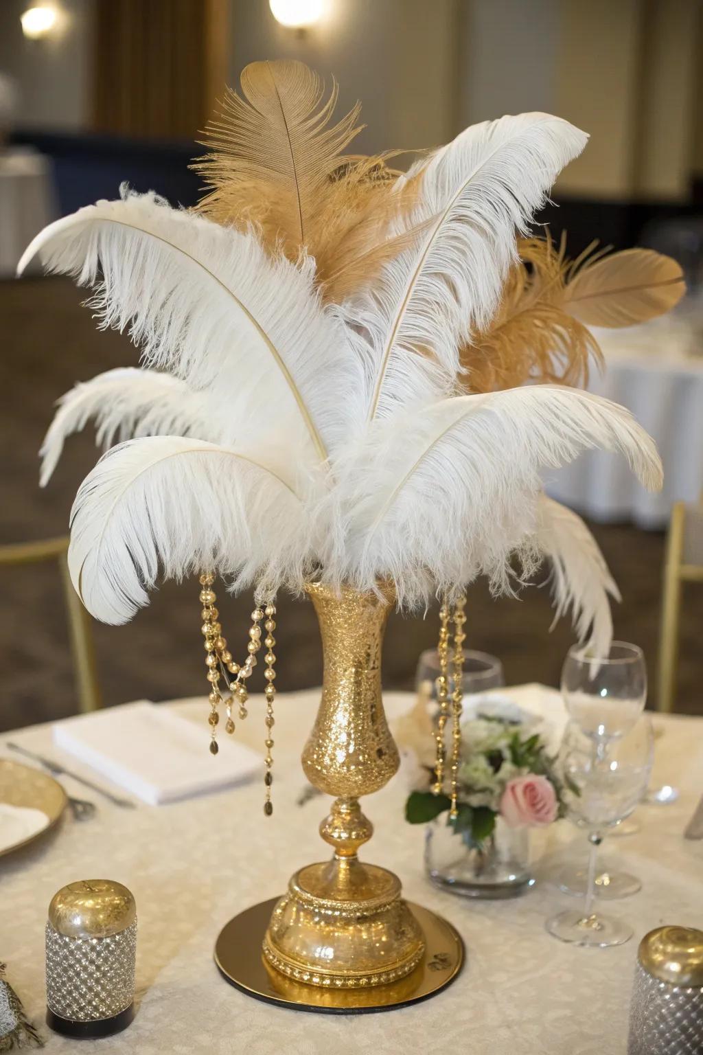 A whimsical centerpiece with feather accents.