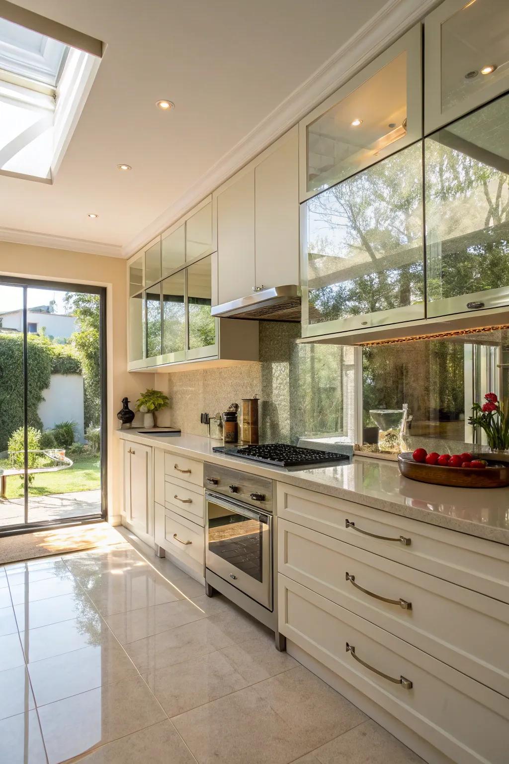 A reflective glass backsplash enhancing a kitchen's natural light.