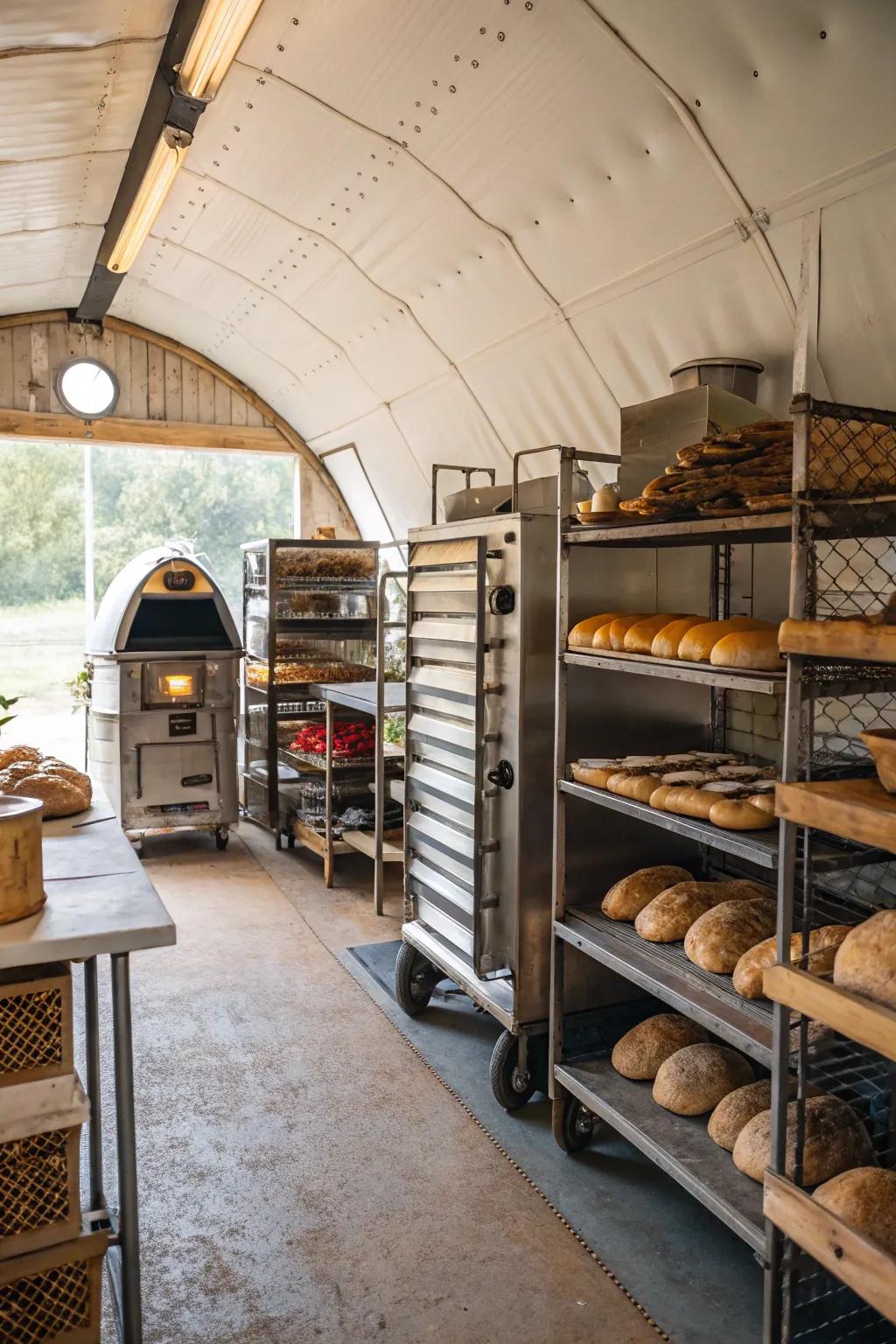 An inviting artisan bakery space within a Quonset hut.