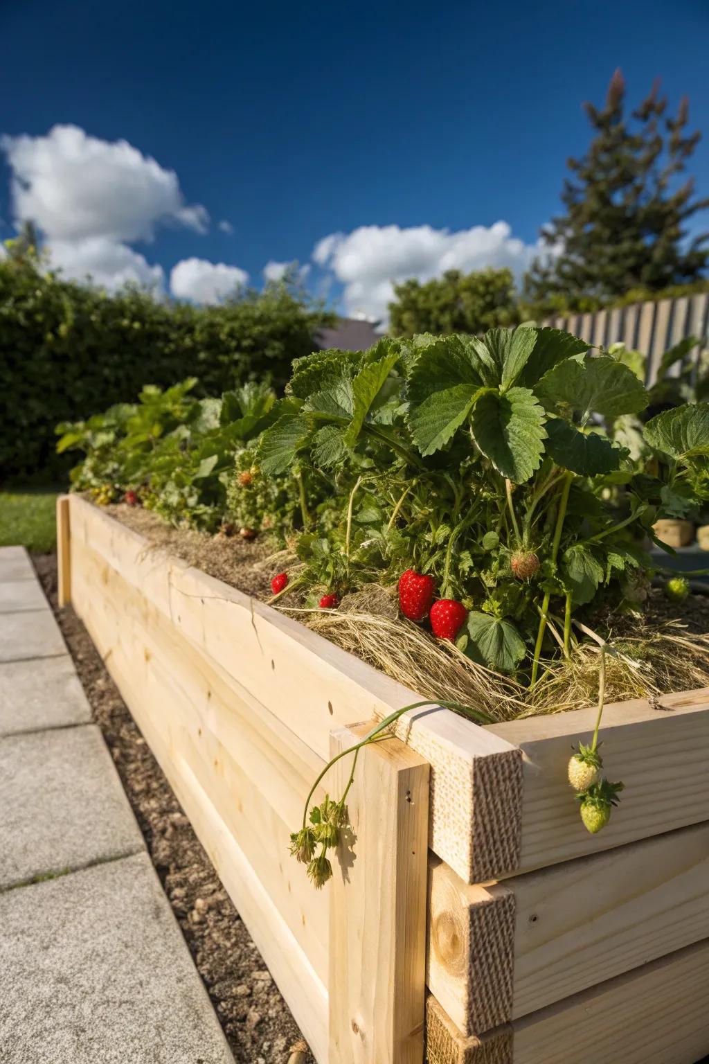 Effortless gardening with a touch of style: Discover the beauty of a self-watering raised strawberry bed.
