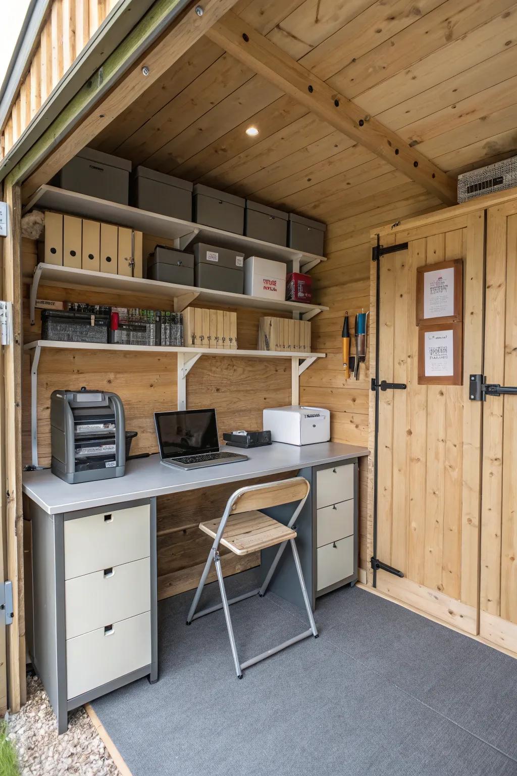 Clever storage solutions keep your shed office organized and efficient.