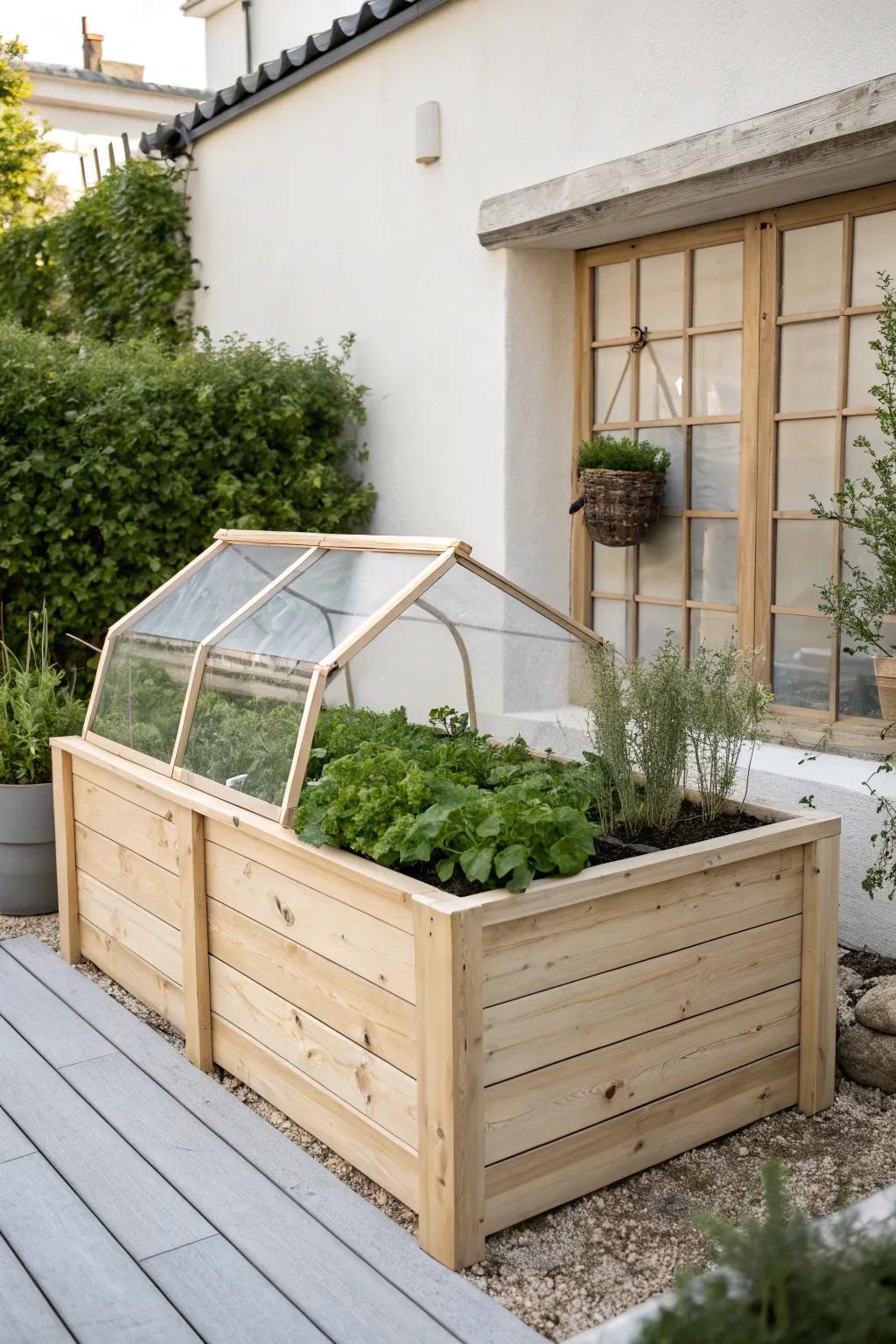 Extend your growing season with style: a minimalist raised bed with a chic greenhouse cover.