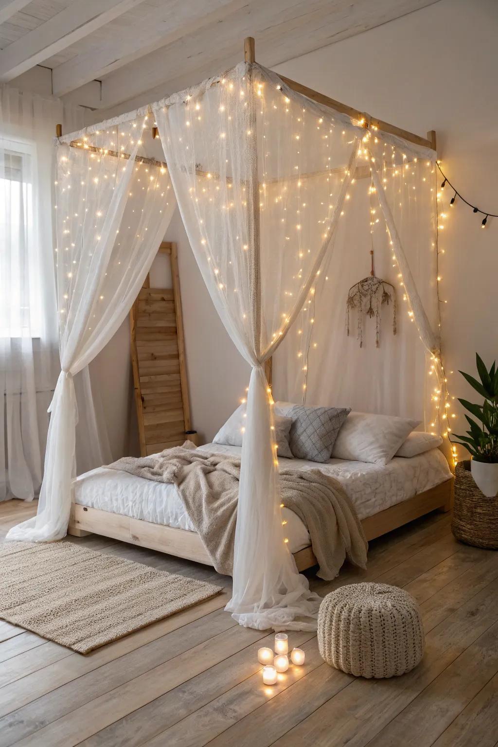 Transform your bedroom into a dreamy sanctuary with a fairy light canopy that whispers magic into your dreams.
