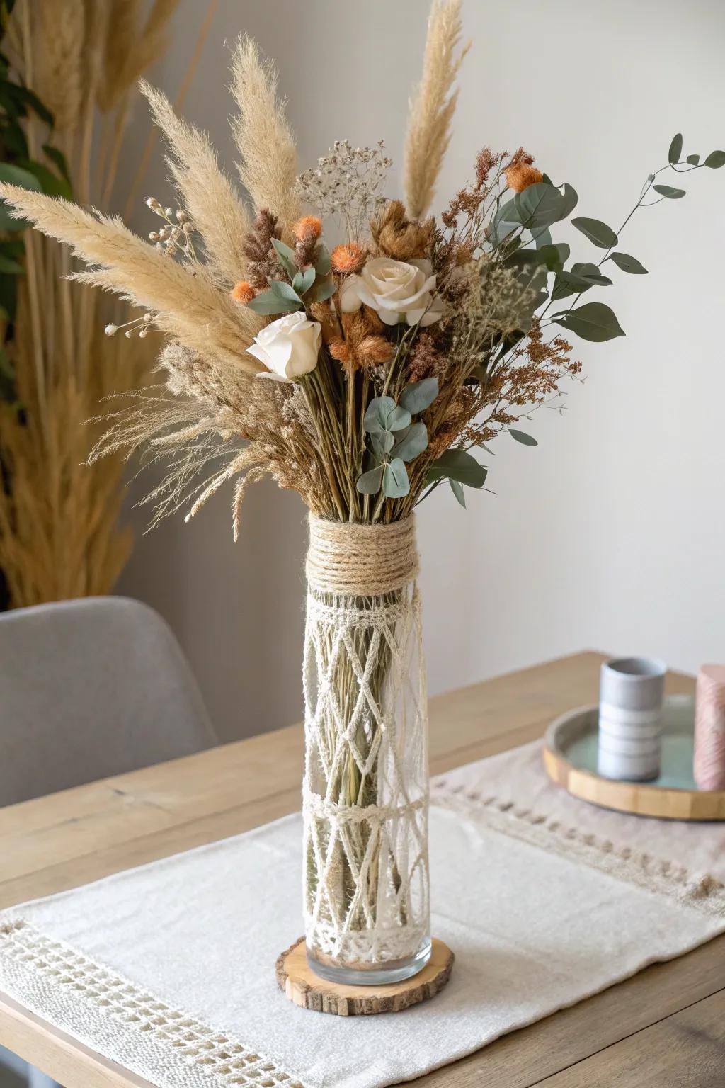 Embrace boho beauty with this stunning DIY fall wedding centerpiece, where macramÃ© meets natural elegance.